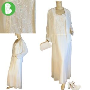 STUDIO I CREAM SHIFT DRESS WITH SHEER JACKET & SEQUIN  EMBROIDERED ACCENTS (14)